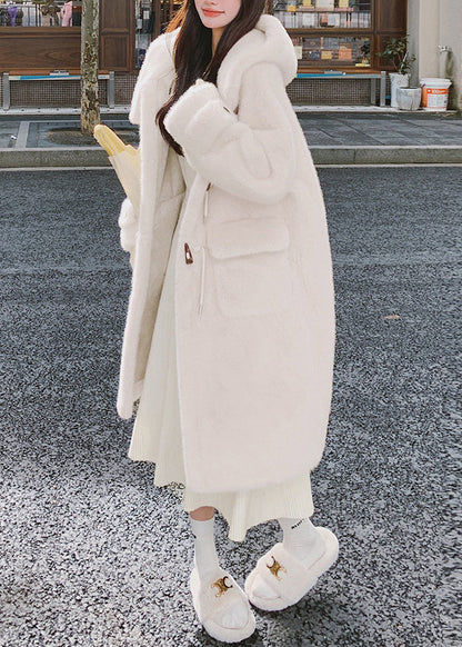 White Hooded Pockets Mink Velvet Coats Spring Yw039