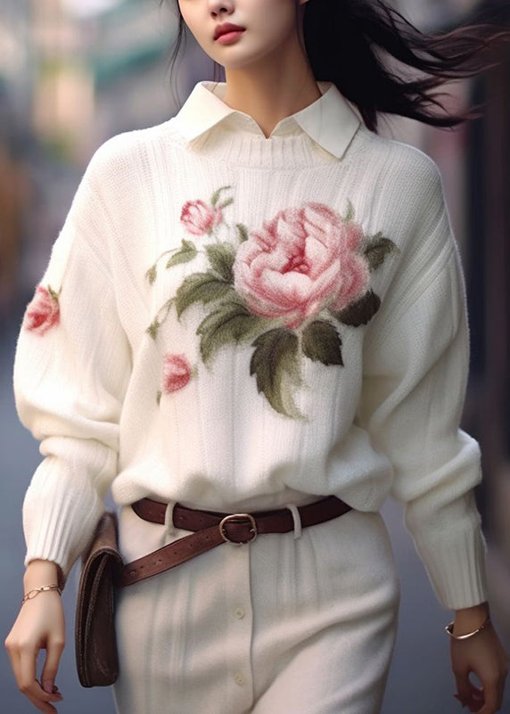 White O Neck Print Cozy Knit Sweaters Fall Qs017