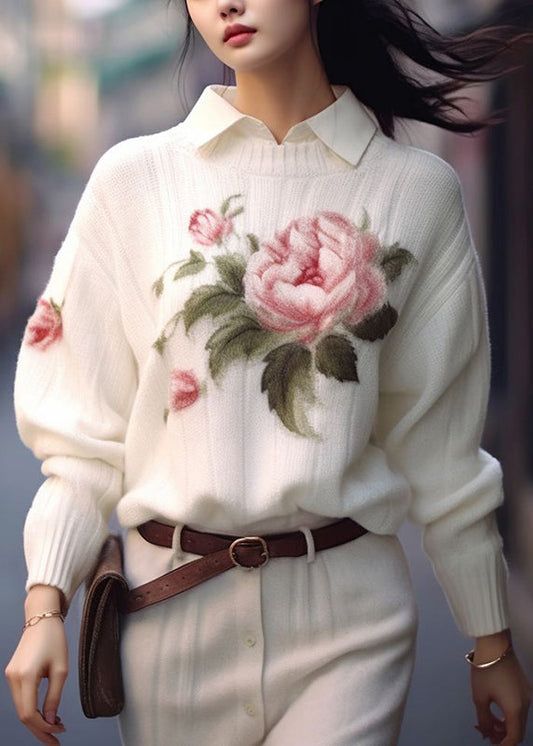 White O Neck Print Cozy Knit Sweaters Fall Qs017