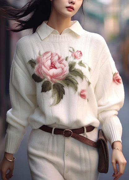 White O Neck Print Cozy Knit Sweaters Fall Qs017