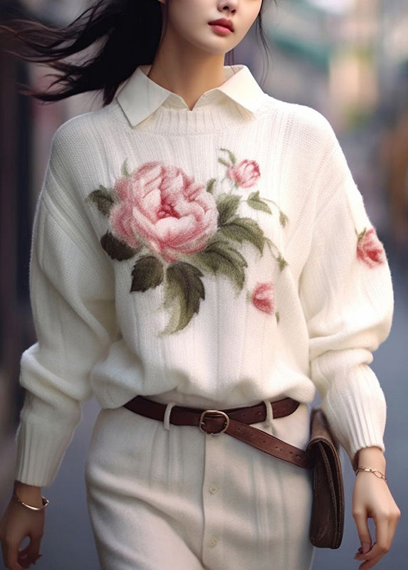 White O Neck Print Cozy Knit Sweaters Fall Qs017