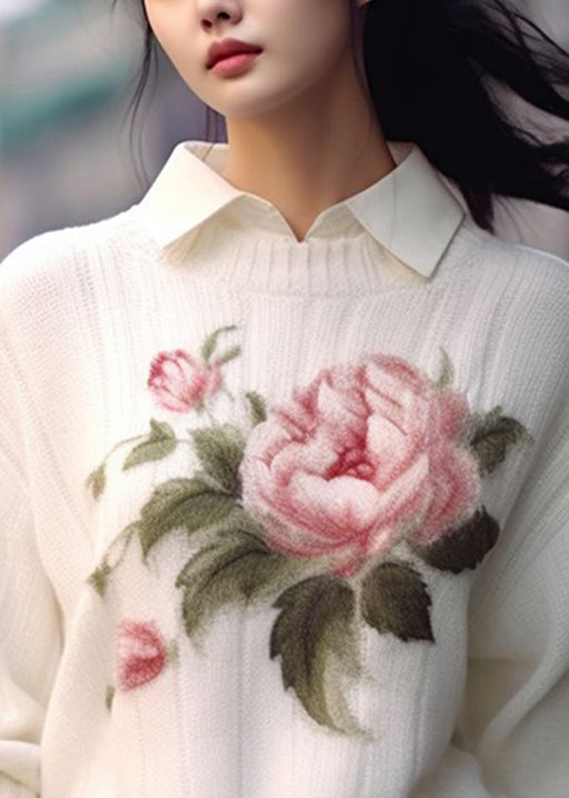 White O Neck Print Cozy Knit Sweaters Fall Qs017
