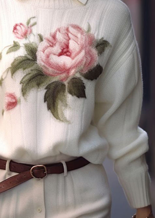 White O Neck Print Cozy Knit Sweaters Fall Qs017