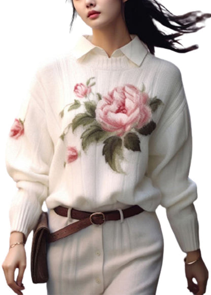 White O Neck Print Cozy Knit Sweaters Fall Qs017