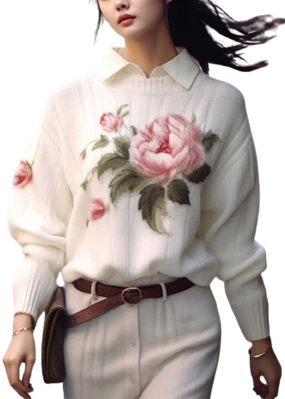 White O Neck Print Cozy Knit Sweaters Fall Qs017