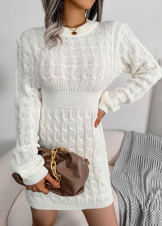 White O Neck Slim Fit Knit Sweater Dress Fall Qr007