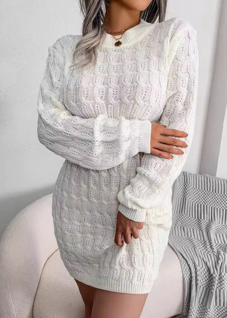 White O Neck Slim Fit Knit Sweater Dress Fall Qr007