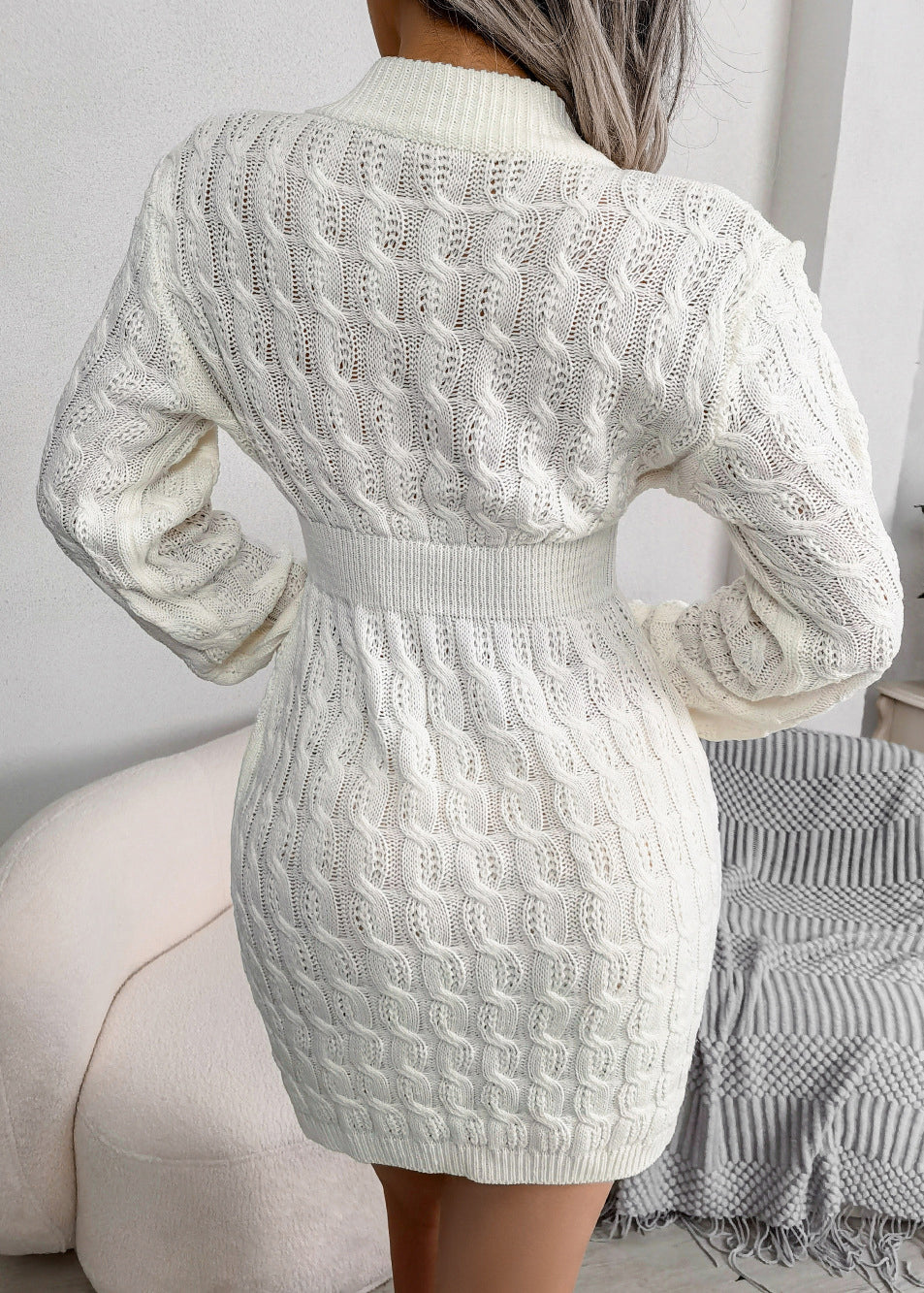 White O Neck Slim Fit Knit Sweater Dress Fall Qr007