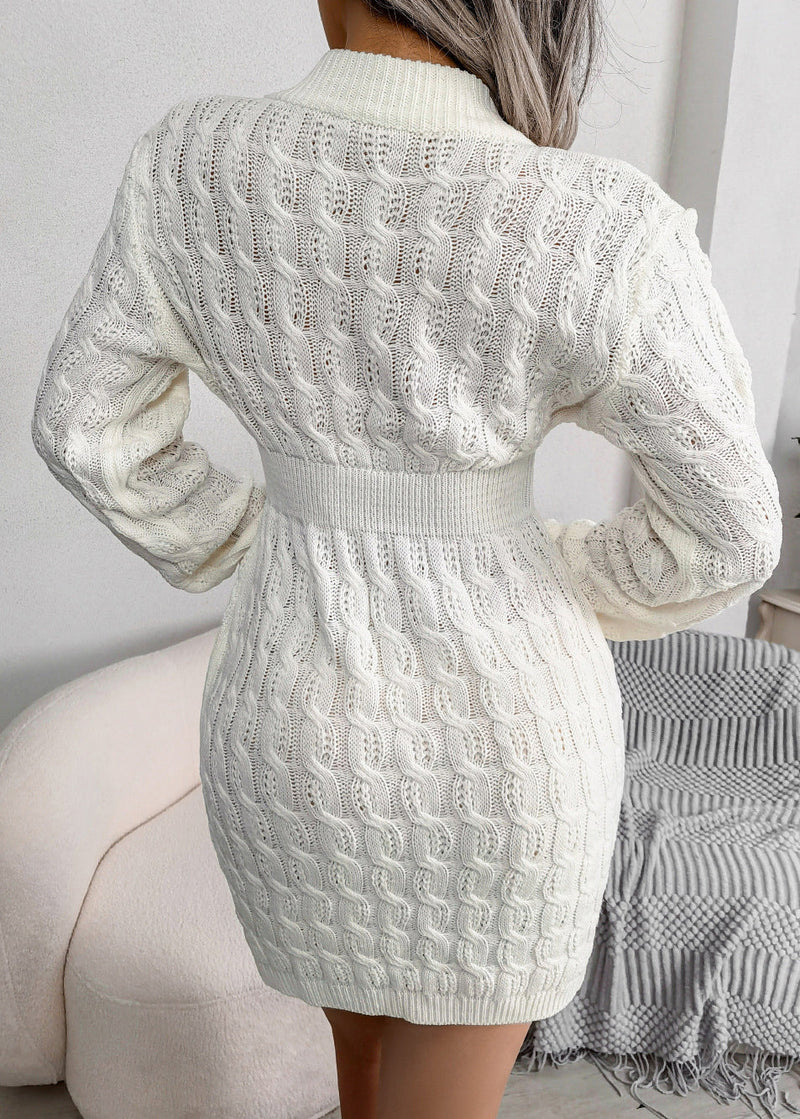 White O Neck Slim Fit Knit Sweater Dress Fall Qr007