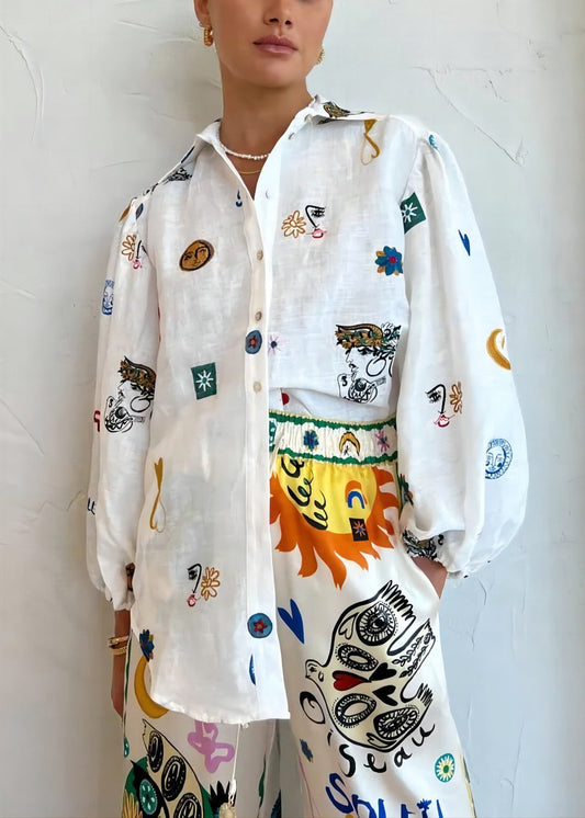 White Peter Pan Collar Button Print Cotton Blouses Long Sleeve Ff094