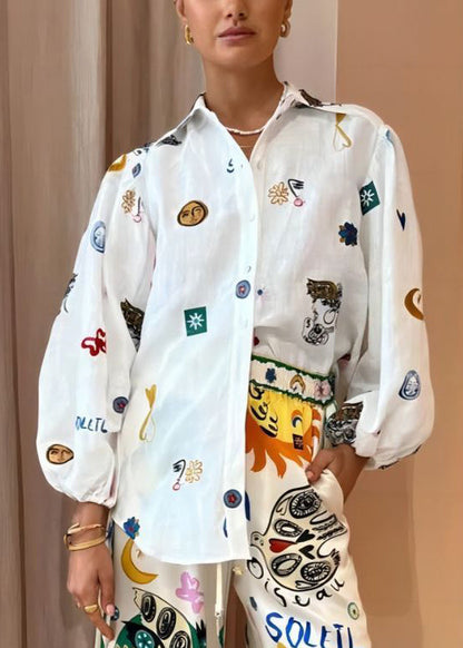 White Peter Pan Collar Button Print Cotton Blouses Long Sleeve Ff094