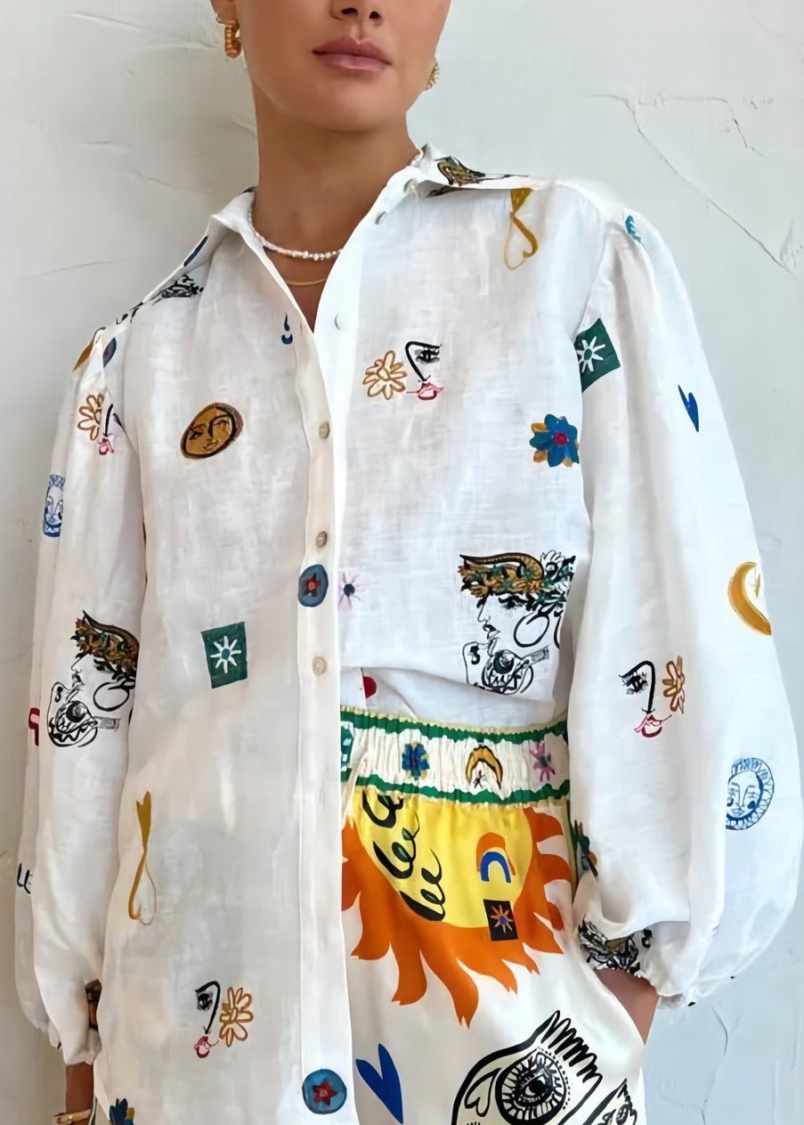 White Peter Pan Collar Button Print Cotton Blouses Long Sleeve Ff094