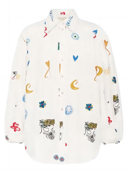 White Peter Pan Collar Button Print Cotton Blouses Long Sleeve Ff094