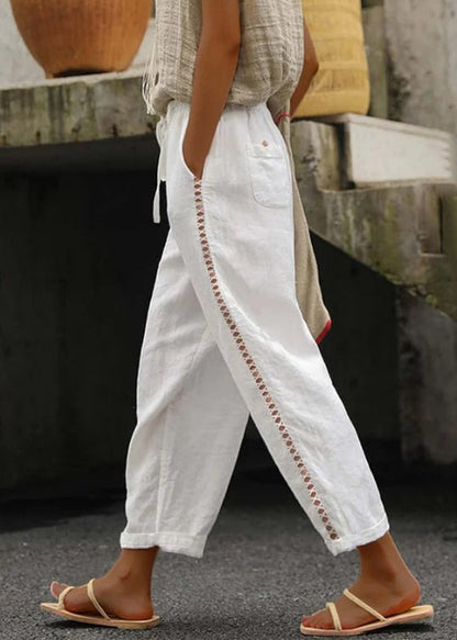White Pockets Elastic Waist Cotton Crop Pants Summer Ff063