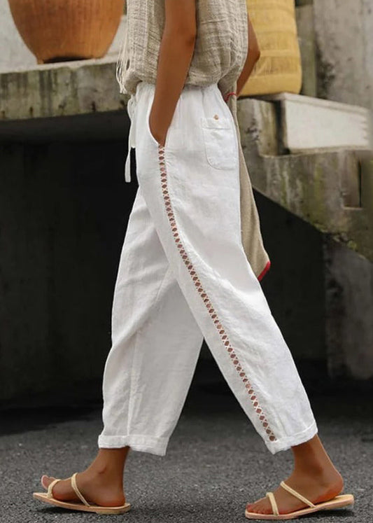White Pockets Elastic Waist Cotton Crop Pants Summer Ff063