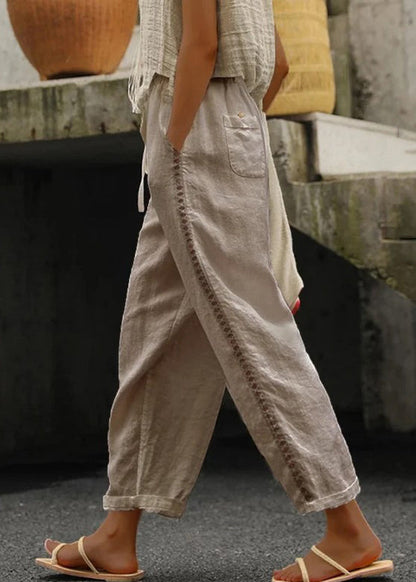 White Pockets Elastic Waist Cotton Crop Pants Summer Ff063
