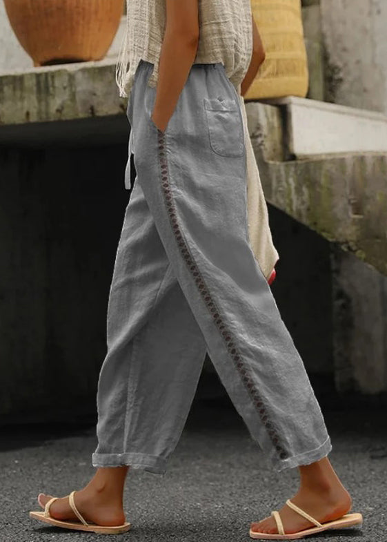 White Pockets Elastic Waist Cotton Crop Pants Summer Ff063