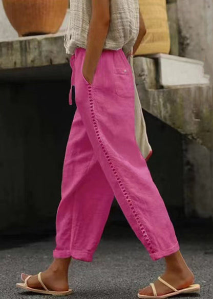 White Pockets Elastic Waist Cotton Crop Pants Summer Ff063