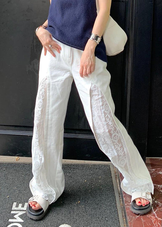 White Pockets Lace Patchwork Cotton Pants Summer Wp038
