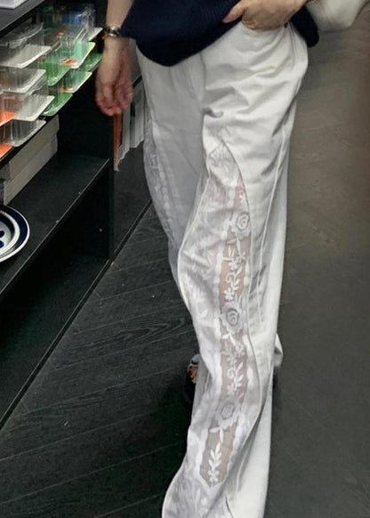 White Pockets Lace Patchwork Cotton Pants Summer Wp038