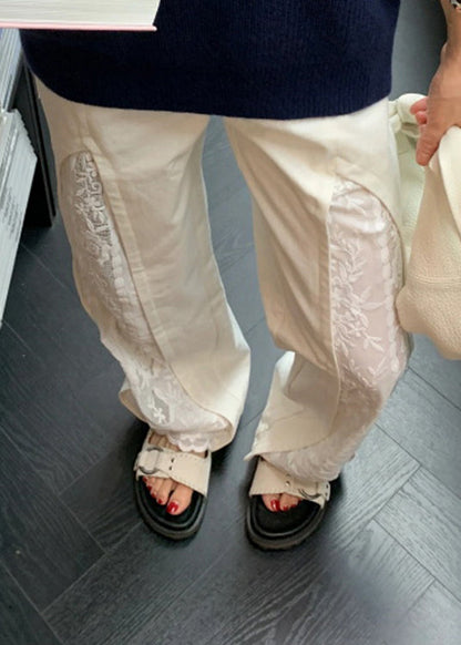 White Pockets Lace Patchwork Cotton Pants Summer Wp038