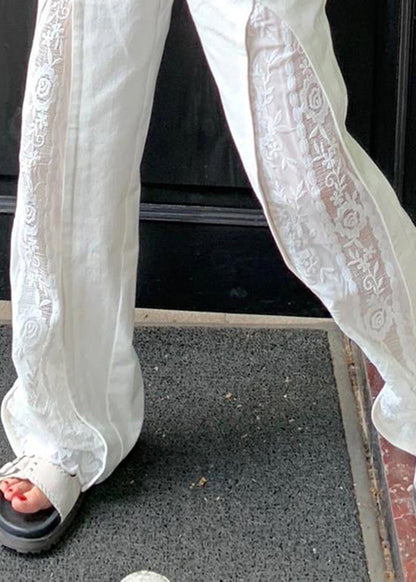 White Pockets Lace Patchwork Cotton Pants Summer Wp038