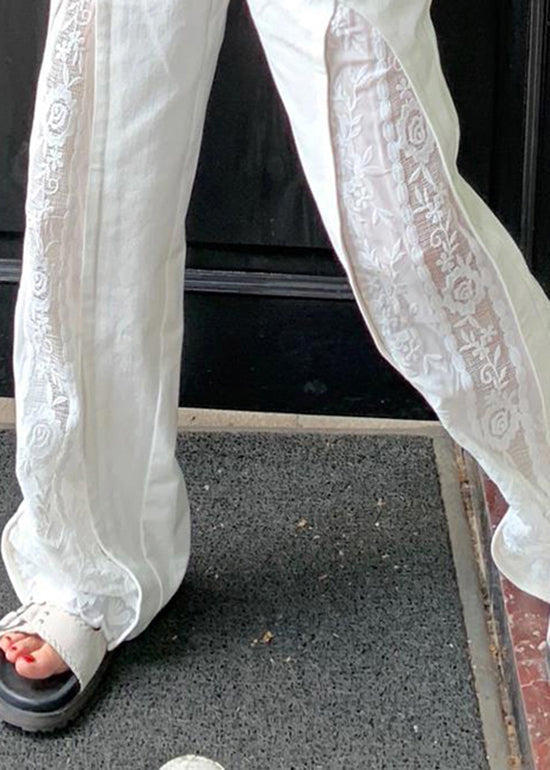 White Pockets Lace Patchwork Cotton Pants Summer Wp038