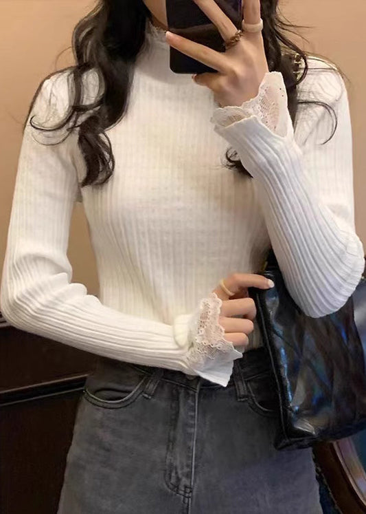 White Lace Patchwork Knit Sweaters Fall Qi017