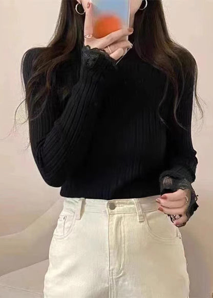 White Lace Patchwork Knit Sweaters Fall Qi017