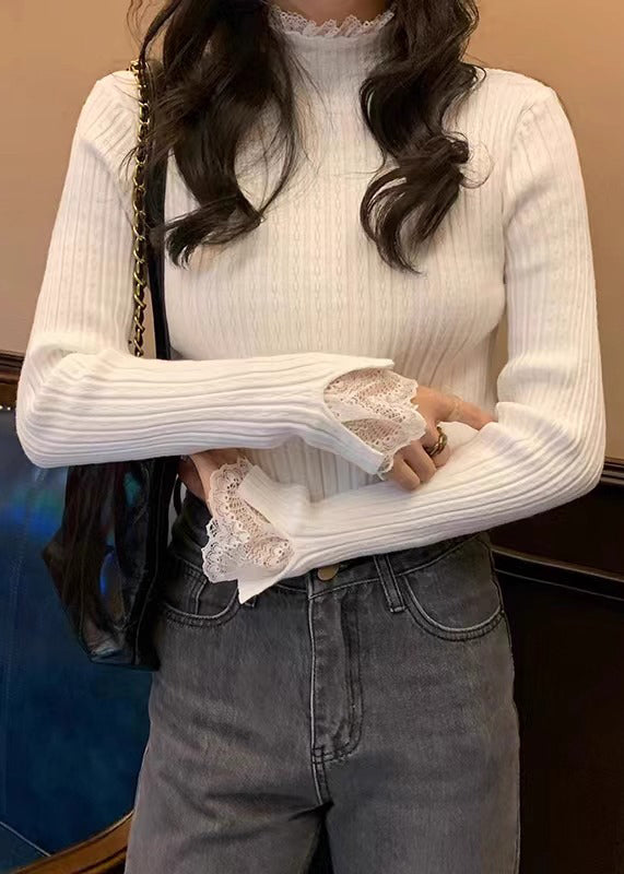 White Lace Patchwork Knit Sweaters Fall Qi017
