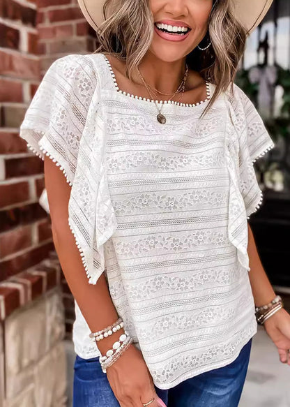 White Square Collar Hollow Out Lace Blouses Summer Bb037