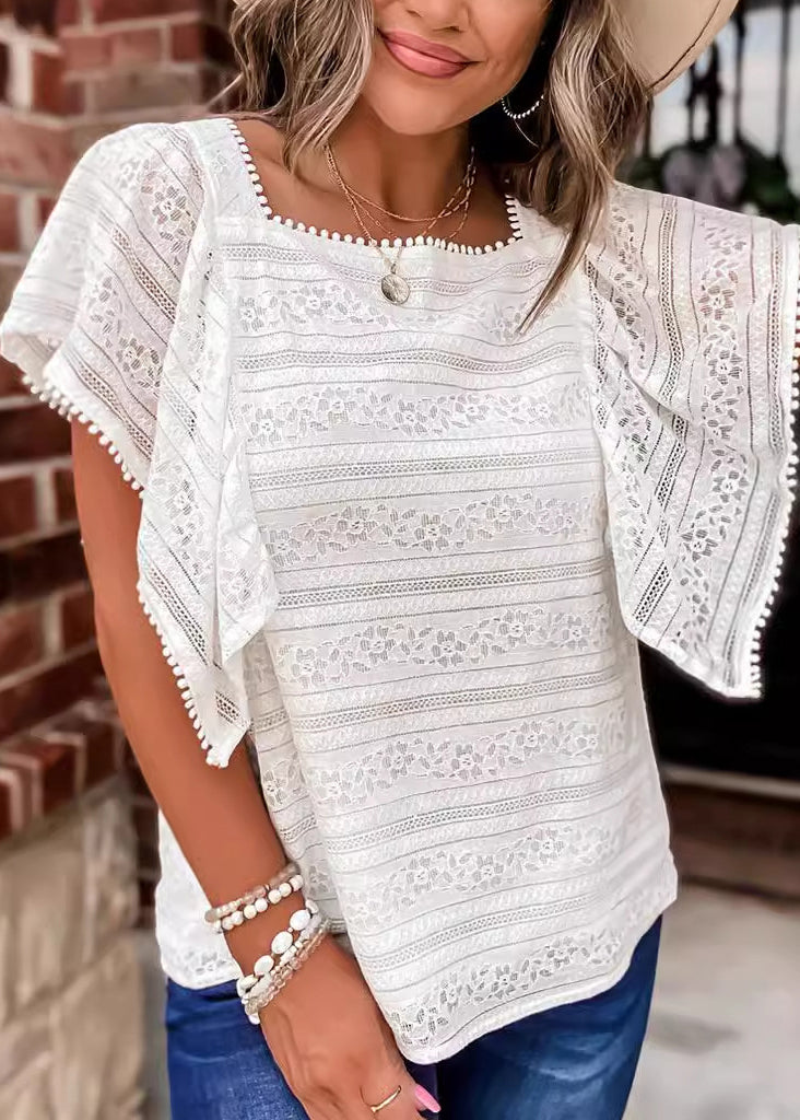 White Square Collar Hollow Out Lace Blouses Summer Bb037