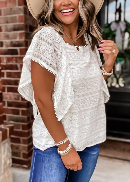 White Square Collar Hollow Out Lace Blouses Summer Bb037