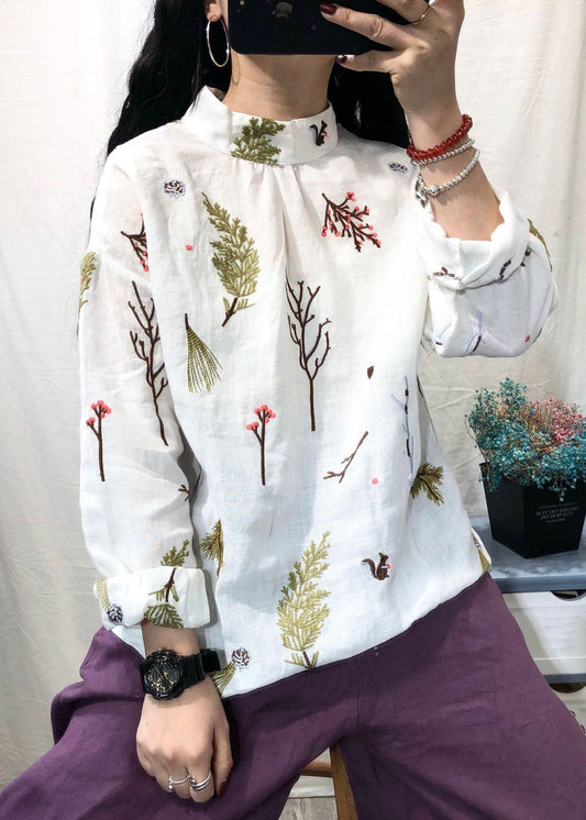 White Stand Collar Embroidered Linen Blouses Long Sleeve Gh1036