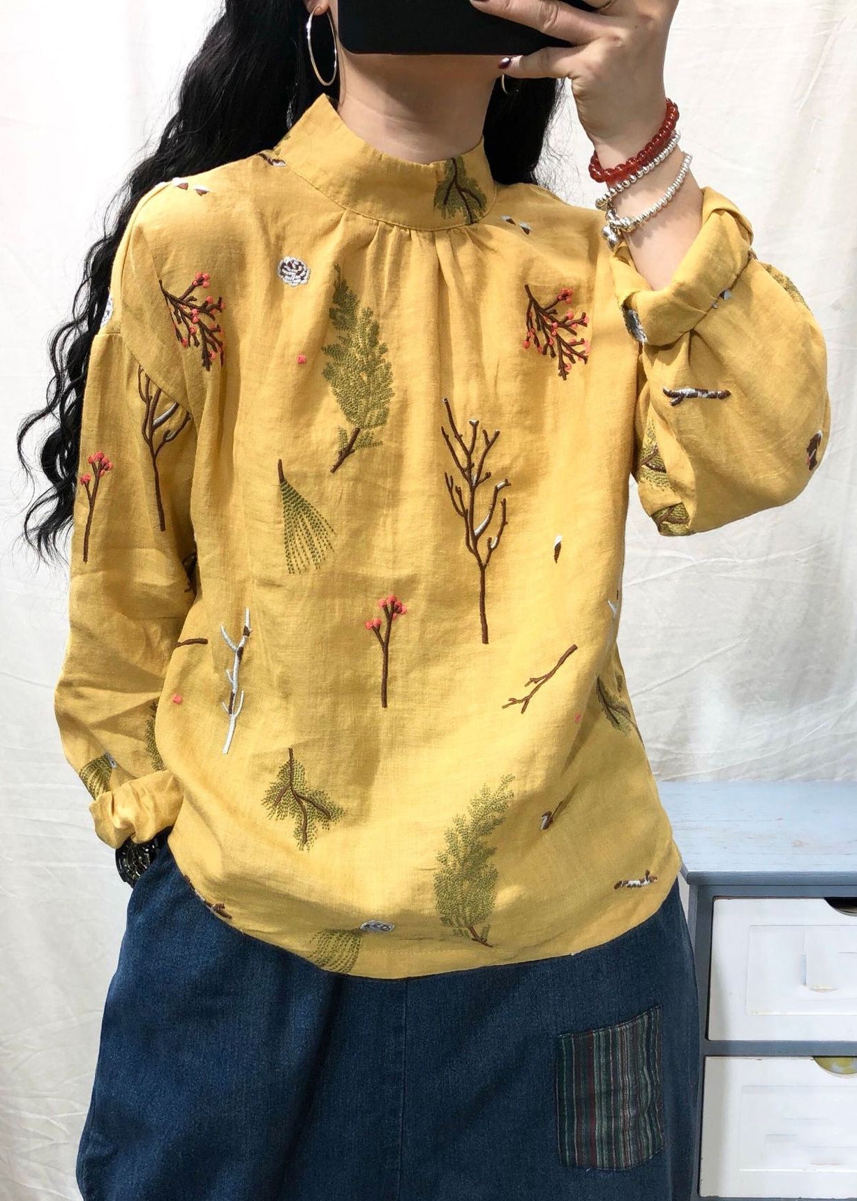 White Stand Collar Embroidered Linen Blouses Long Sleeve Gh1036