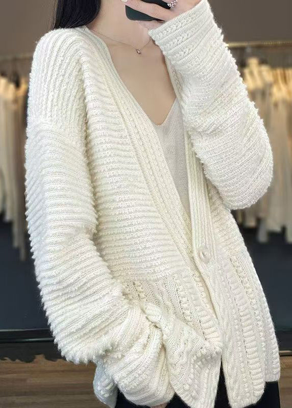 White V Neck Button Woolen Cable Knit Coats Spring Yw021