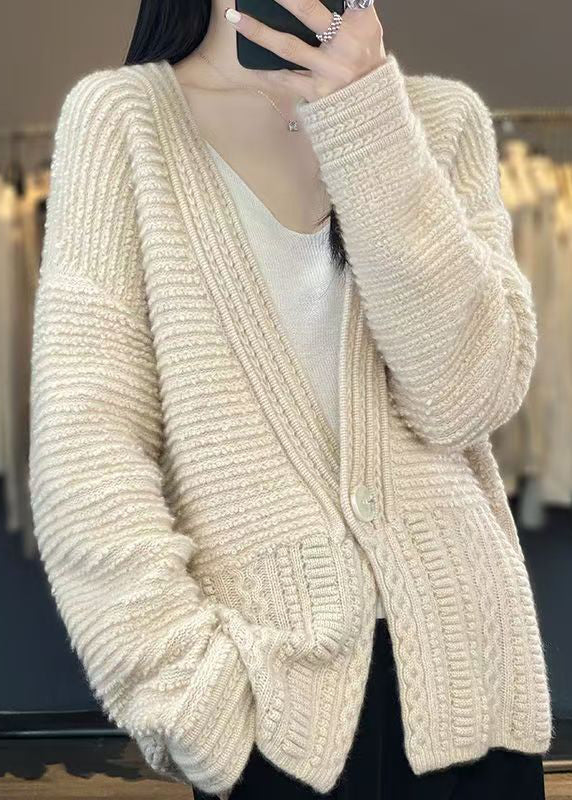 White V Neck Button Woolen Cable Knit Coats Spring Yw021