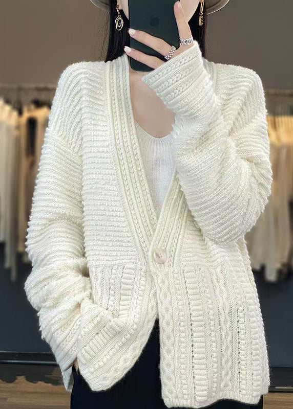 White V Neck Button Woolen Cable Knit Coats Spring Yw021
