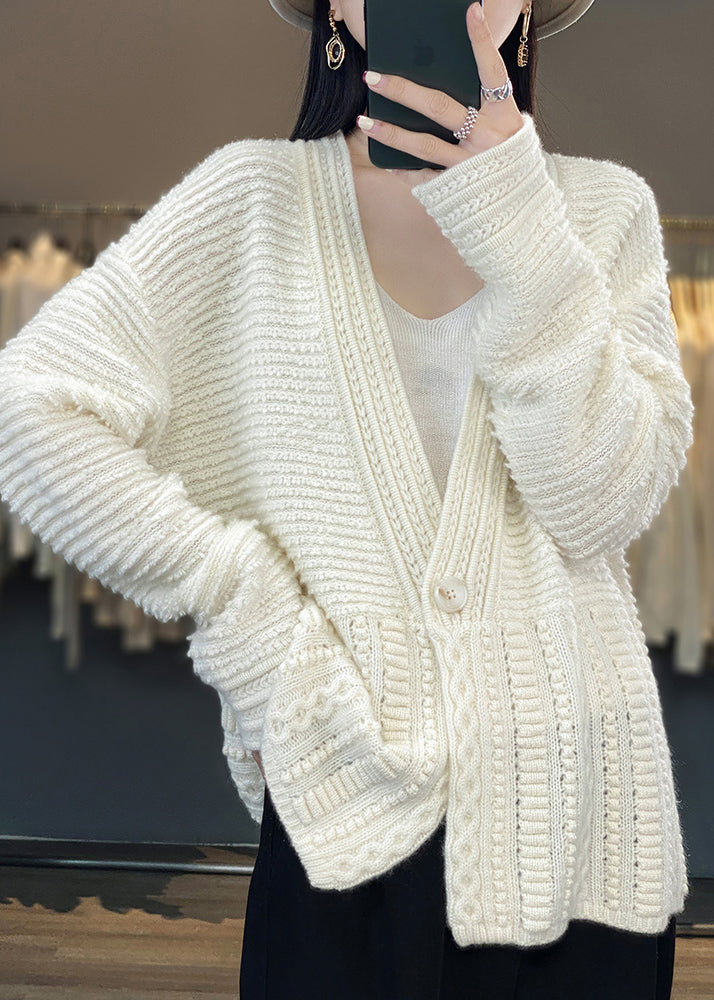 White V Neck Button Woolen Cable Knit Coats Spring Yw021