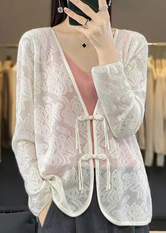 White V Neck Chinese Button Knit Cardigan Fall Ab1049
