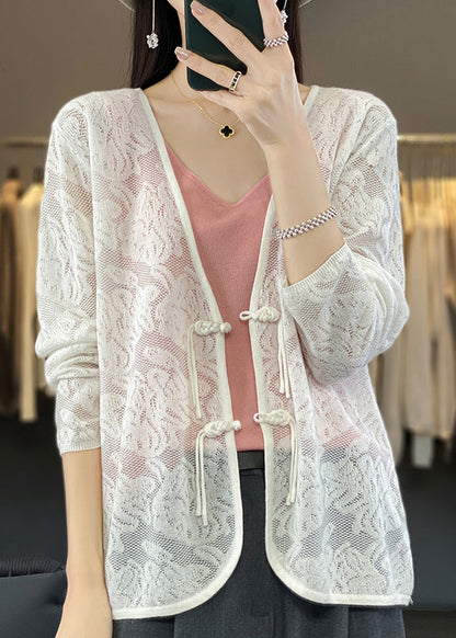 White V Neck Chinese Button Knit Cardigan Fall Ab1049