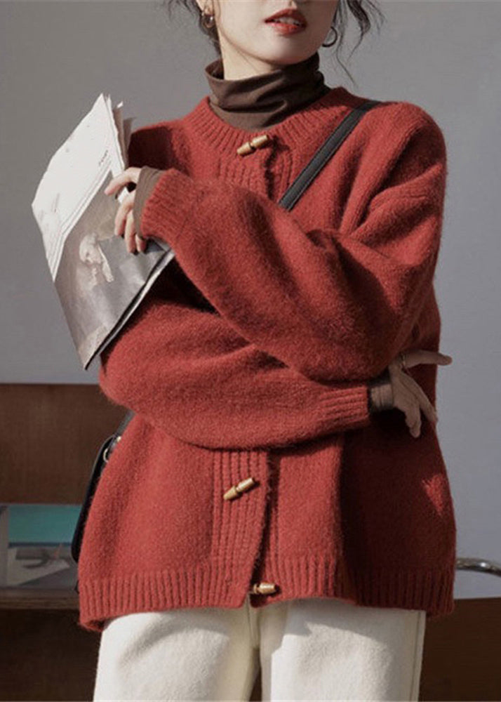 Wine Red Button Patchwork Cozy Knit Coat Long Sleeve Tu048