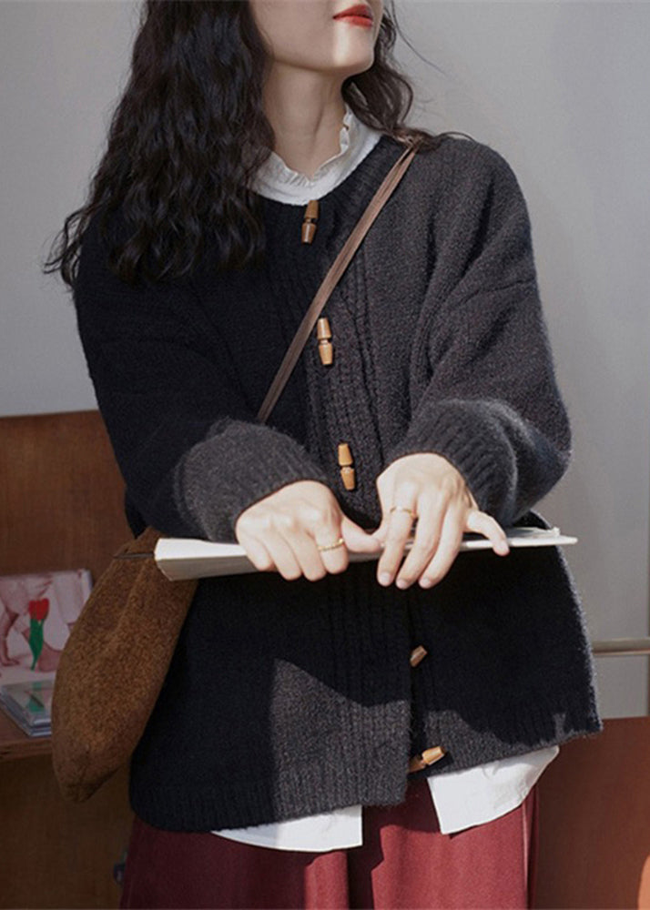 Wine Red Button Patchwork Cozy Knit Coat Long Sleeve Tu048