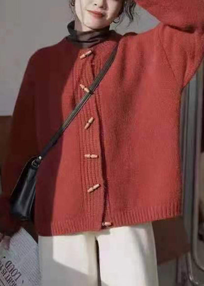 Wine Red Button Patchwork Cozy Knit Coat Long Sleeve Tu048