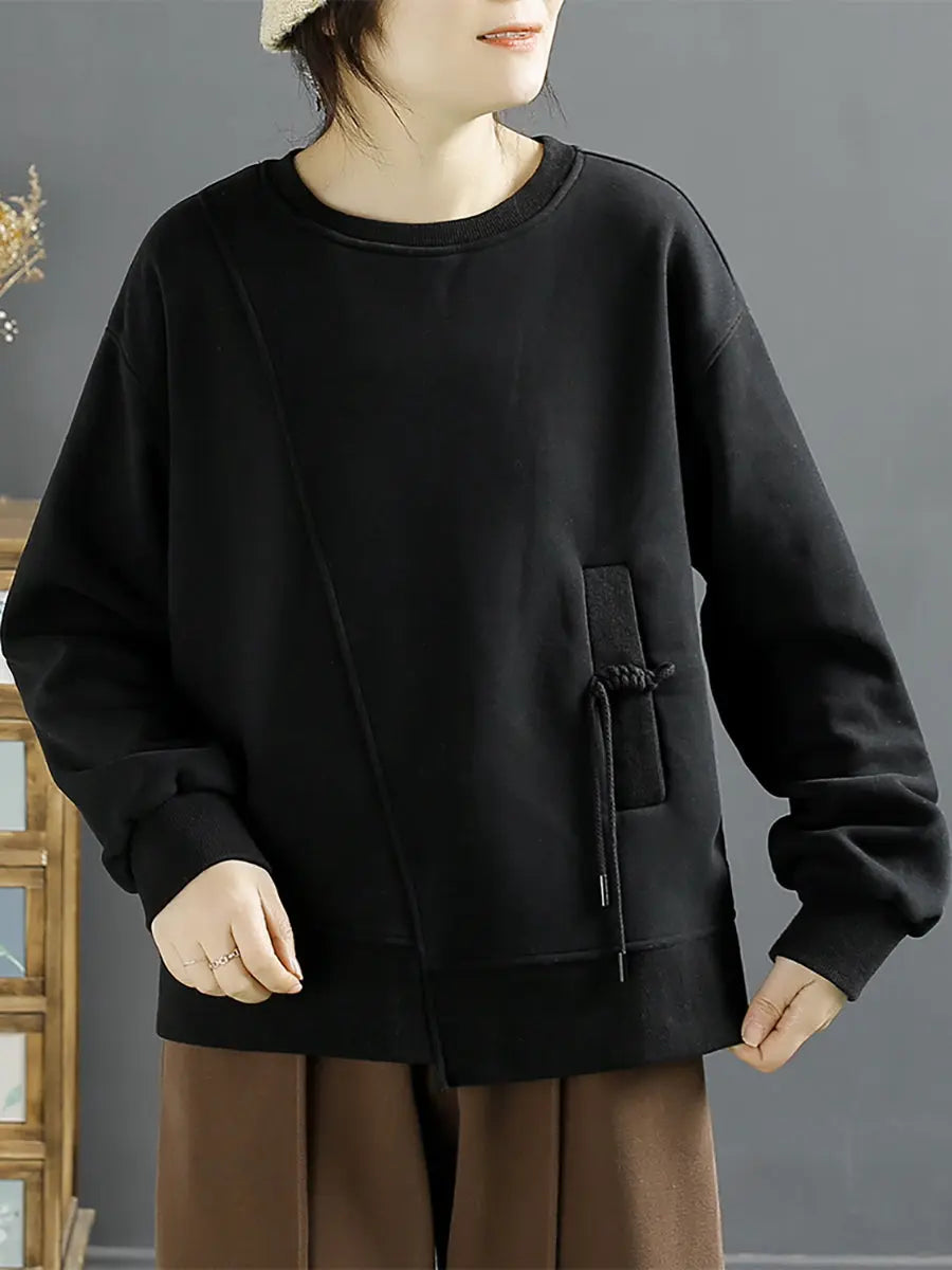 Cotton Irregular Spliced Fleece-lined Sweatshirt