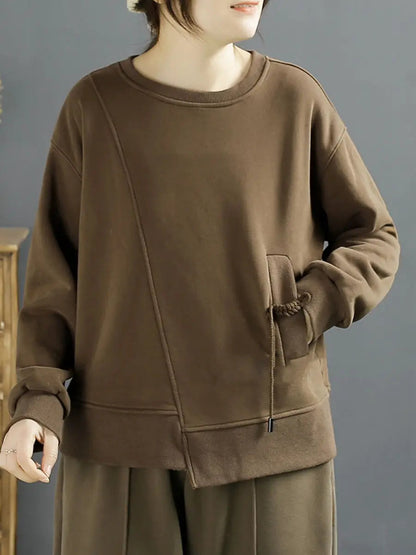 Cotton Irregular Spliced Fleece-lined Sweatshirt