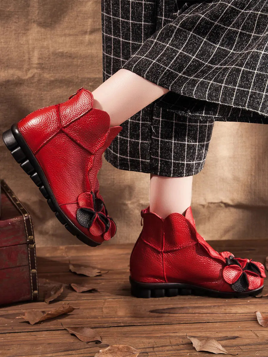 Leather Flower Spliced Ankle Boots