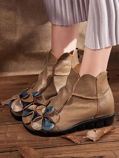 Leather Flower Spliced Ankle Boots