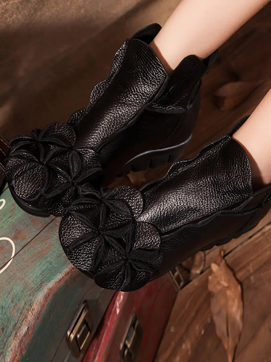Leather Flower Spliced Ankle Boots