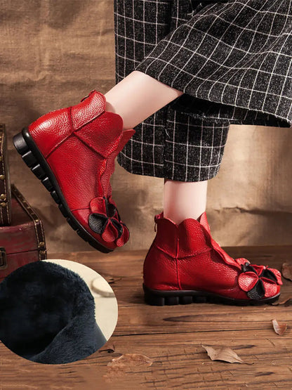 Leather Flower Spliced Ankle Boots